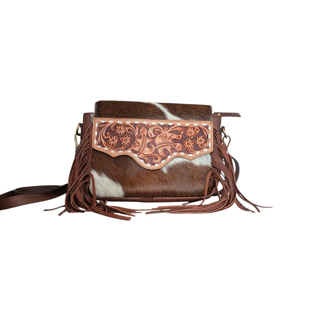 Western Cowhide Leather Hair Crossbody Bag Tooled‎ Floral Fringe Shoulder Bag